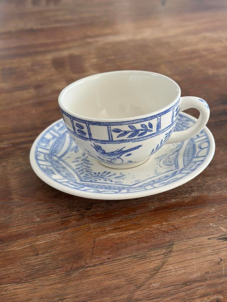 Gien, Oiseau blue, vintage espressokop- en schotel, Ophalen, Zo goed als nieuw, Porselein, Kop en/of schotel