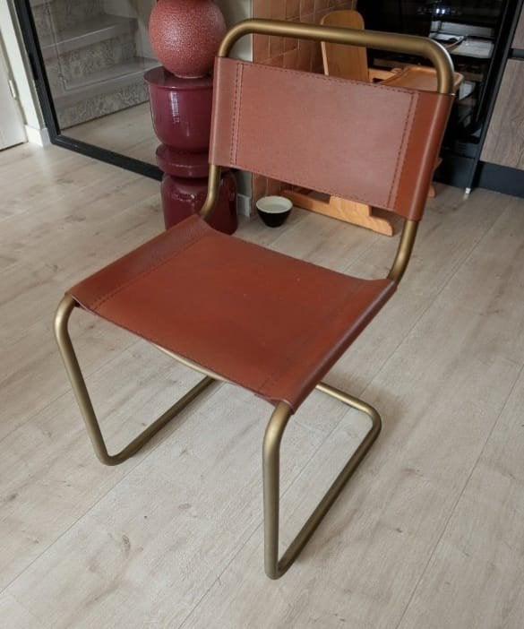 4 bruin leren sling stoelen, Ophalen, Bruin, Leer, Zo goed als nieuw