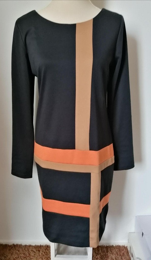 MOOIE zwarte jurk met beige en oranje van Yessica mt. 40, Maat 38/40 (M), Meerkleurig, Yessica, Nieuw