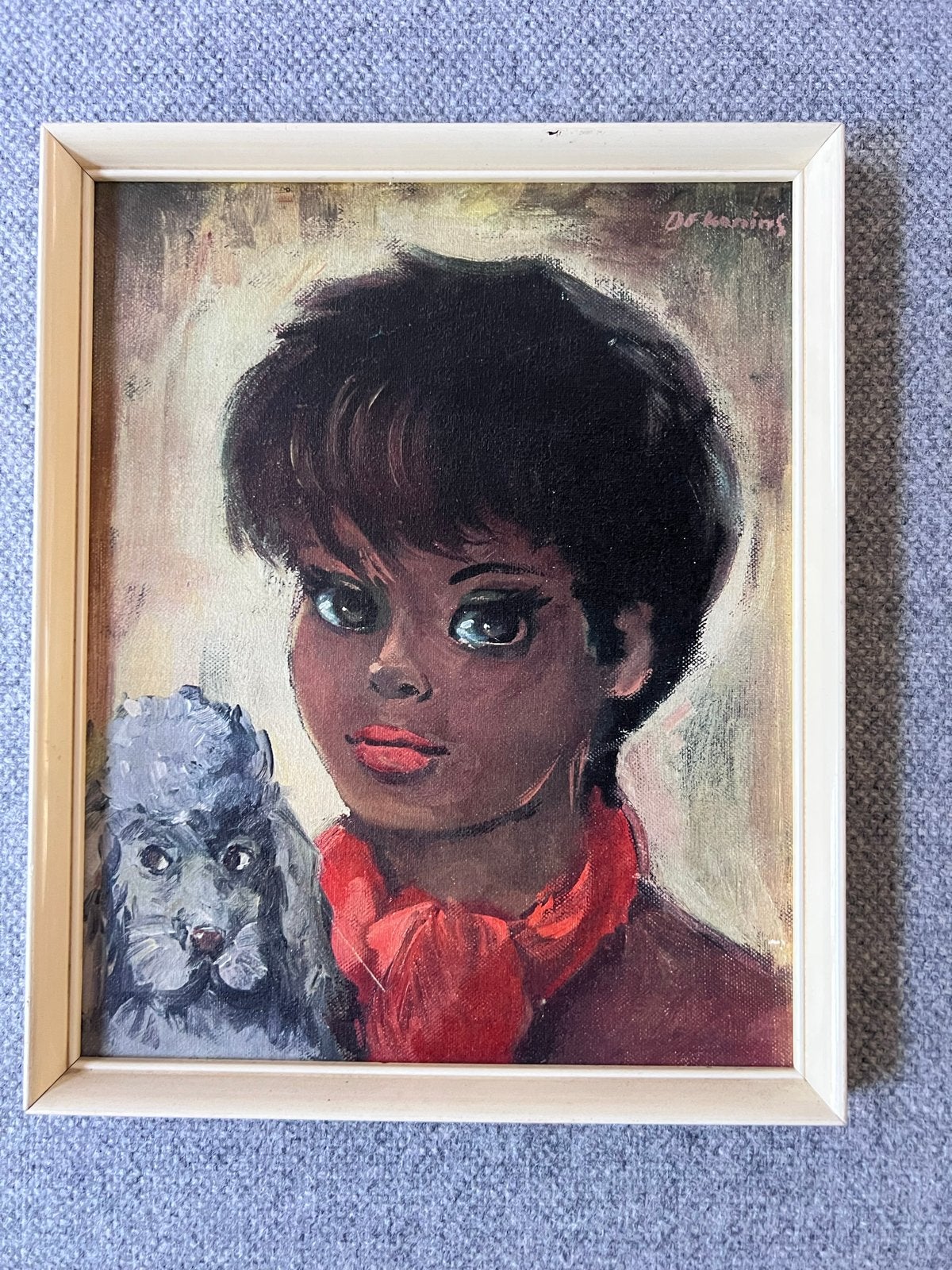 Vintage Schilderij: Meisje met Poedel - Gesigneerd, Antiek en Kunst, Paneel, Portret of Personen, Realistisch, Ophalen of Verzenden