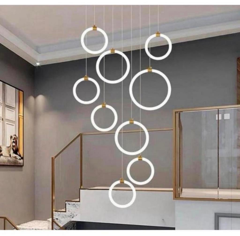 Luxe LED Moderne Trap Hanglamp Dimbaar 9-Ringen Kroonluchter, LED Ringen, Nieuw, Ophalen of Verzenden, H