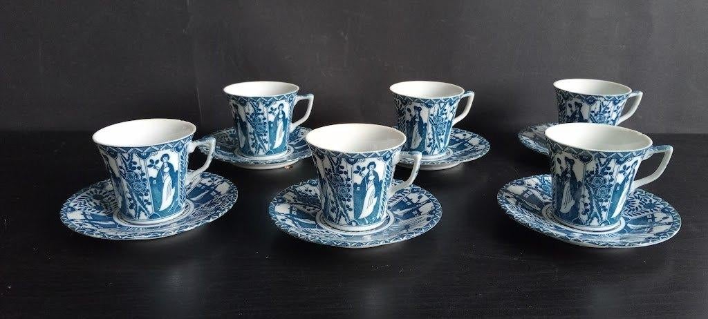 Vintage Chinese Lange Lijs kop en schotels blauw met wit, Ophalen of Verzenden, Porselein, Overige stijlen, Kop(pen) en/of Schotel(s)