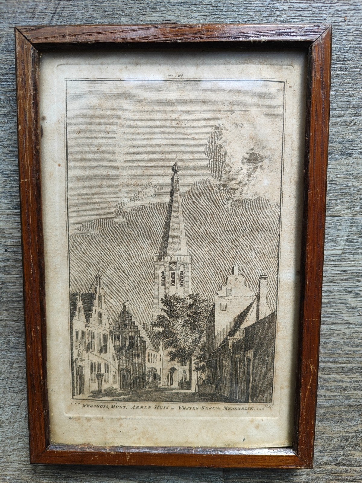 Antieke Ets Medemblik, Antiek en Kunst, Kunst | Etsen en Gravures, Ingelijst, Ets, Stadsgezicht, Ophalen of Verzenden