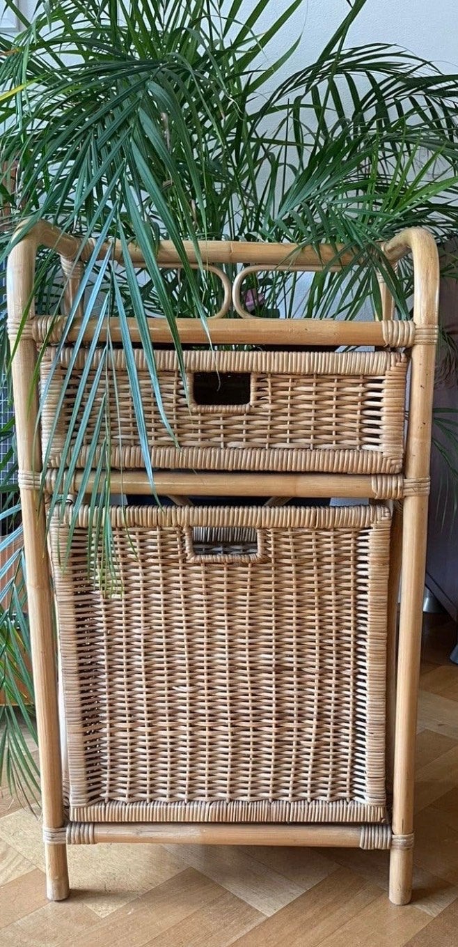Vintage rotan ladekastje met 2 laden, Minder dan 50 cm, Gebruikt, 1 of 2 laden, Ophalen of Verzenden