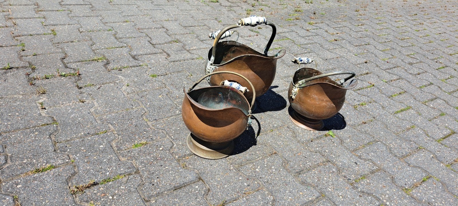 Set van 3 Antieke Koperen Kool Emmers, Ophalen