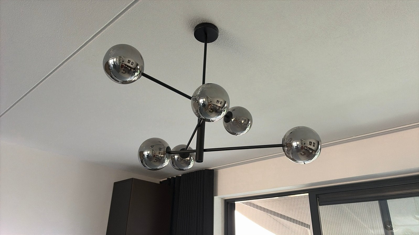 Moderne Sputnik Plafondlamp met 6 Rookglazen Bollen, Ophalen, Zo goed als nieuw, Glas, E14 (klein)