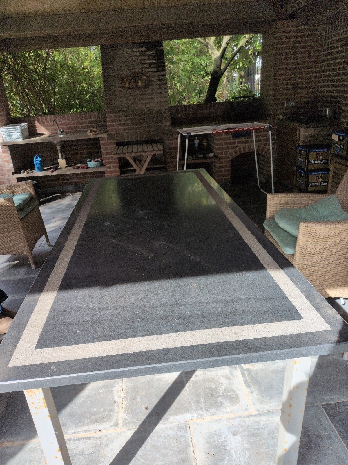 Grote tuintafel met granieten blad, Ophalen, Gebruikt, Rechthoekig, Overige materialen
