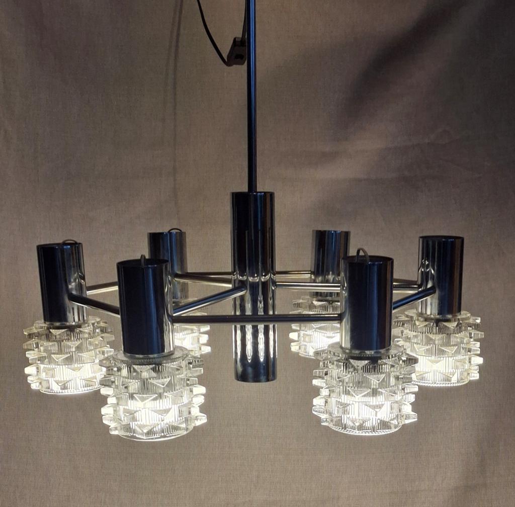 Grote Chromen Vintage Kroonluchter, Ophalen, Gebruikt, Glas, Minder dan 50 cm