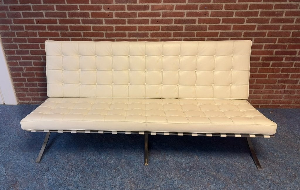 Barcelona 3-zits bank replica(Wit/Crème echt leer) Als nieuw, Mid-century Modern, Minder dan 75 cm, 150 tot 200 cm, Tweepersoons