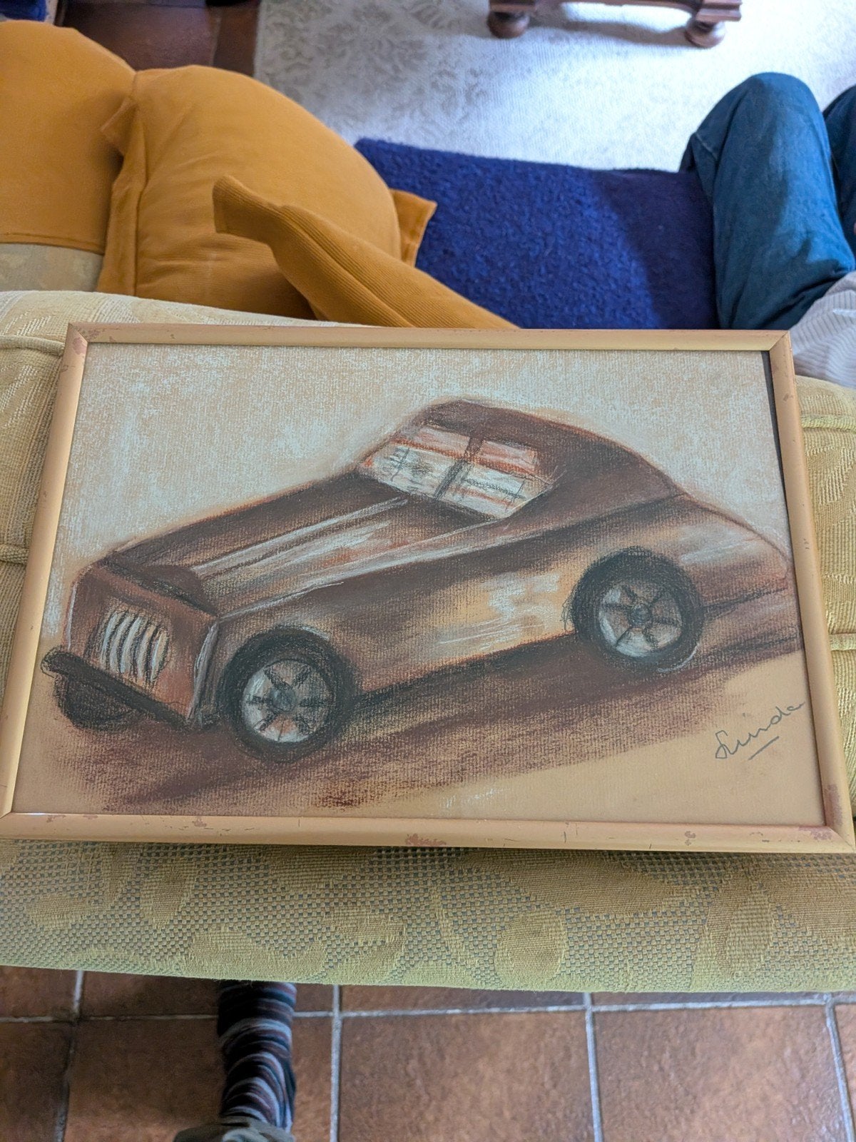 Vintage tekening van een klassieke auto, gesigneerd, Antiek en Kunst, Kunst | Tekeningen en Foto's, Verzenden, Tekening, Potloodtekening