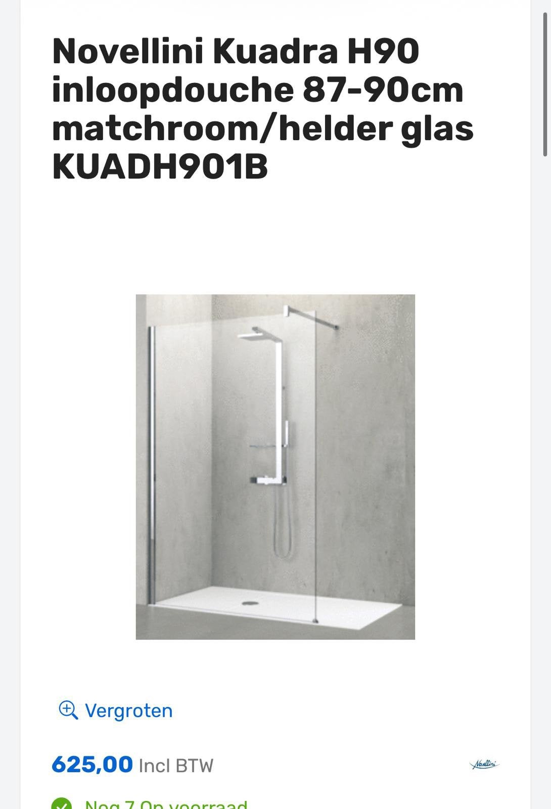 Douchewand Novellini Kuadra H inloopdouche KUADH90-1B, Ophalen, Nieuw