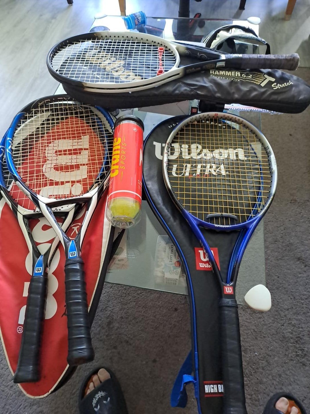 4 Wilson tennisrackets (Hammer 6.2 Stretch, Ultra) + ballen, Ophalen of Verzenden, Zo goed als nieuw, Racket, Wilson
