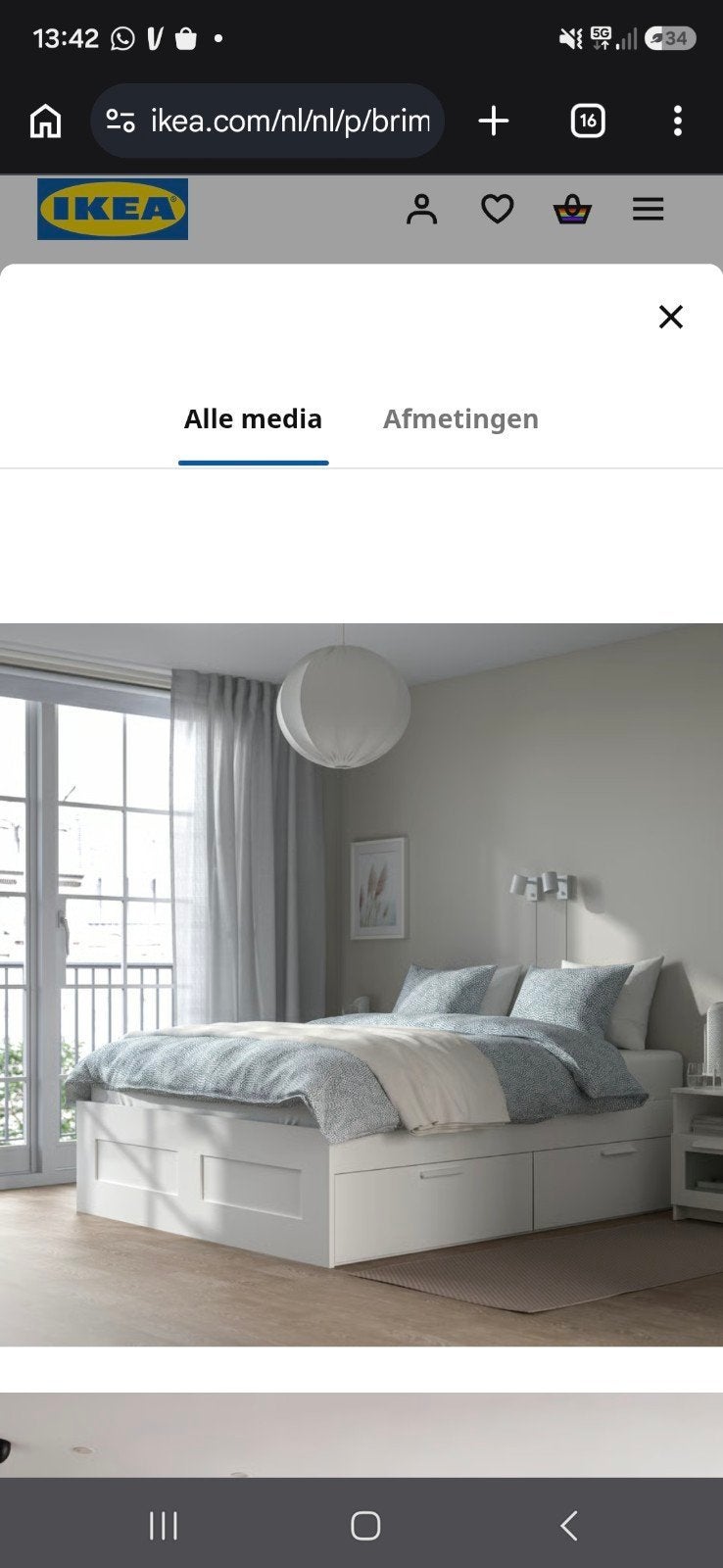 Ikea brimnes bed 160x 200 4 lades, Ophalen, Wit, Tweepersoons, 160 cm