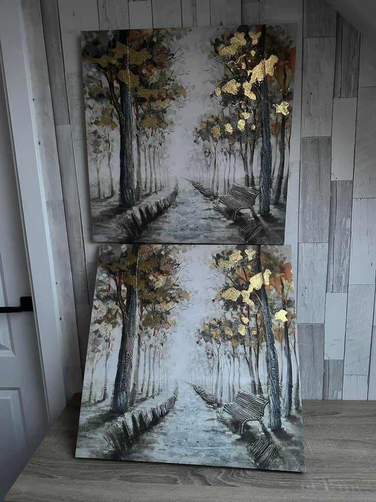 2 canvas doek schilderij schutting bomen goud bruin, Ophalen of Verzenden, Nieuw