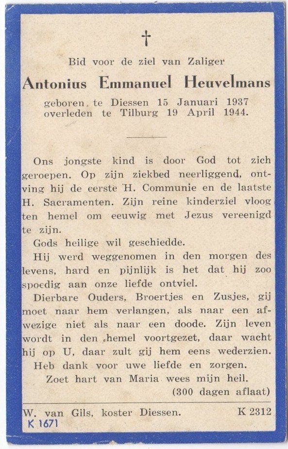 Antonius E. Heuvelmans 1937 Diessen + 1944 Tilburg, 7 jaar, Verzenden