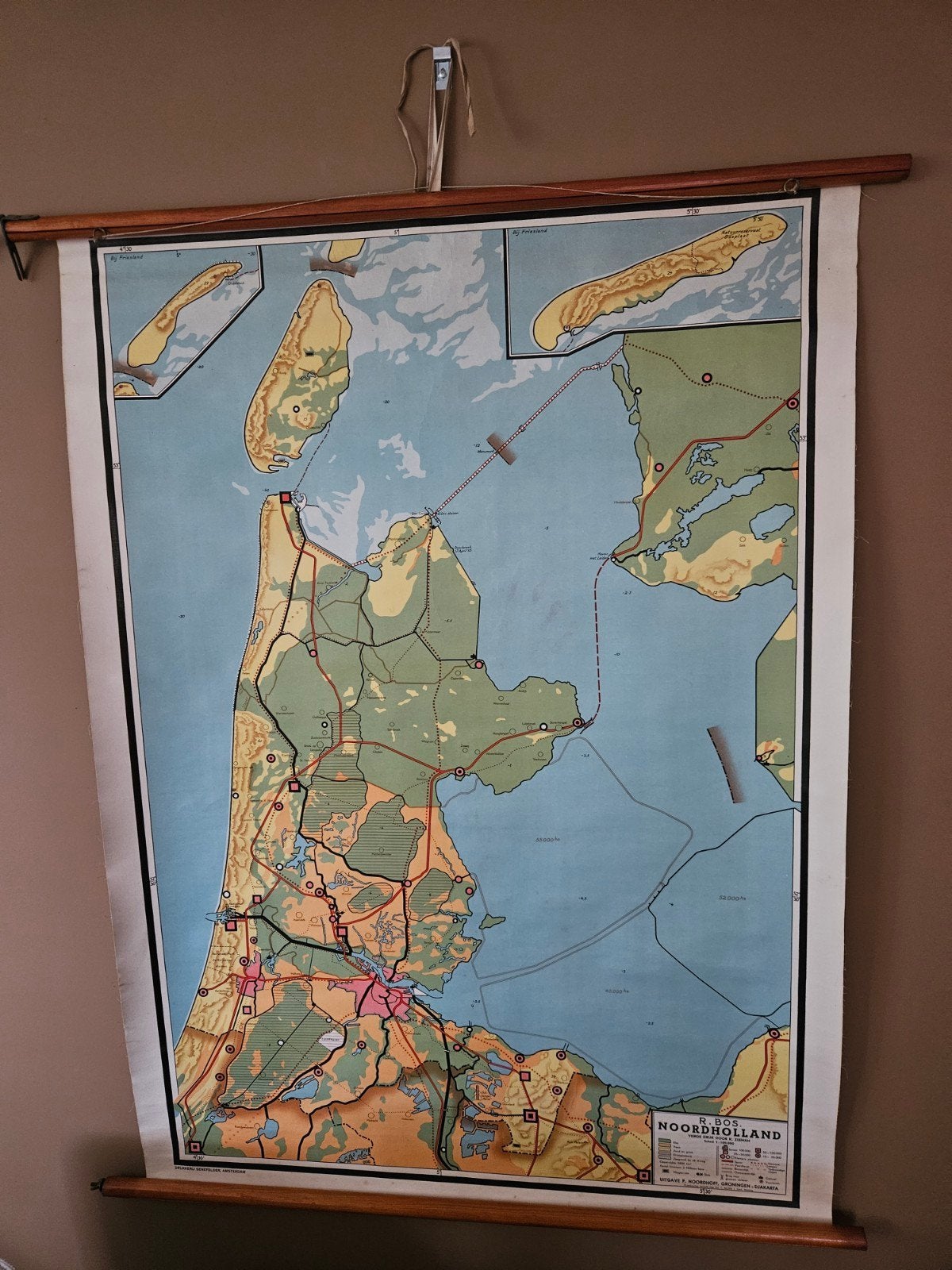 Antieke schoolkaart Noord-Holland - R. Bos, Boeken, Ophalen of Verzenden, Landkaart, 1800 tot 2000, Nederland