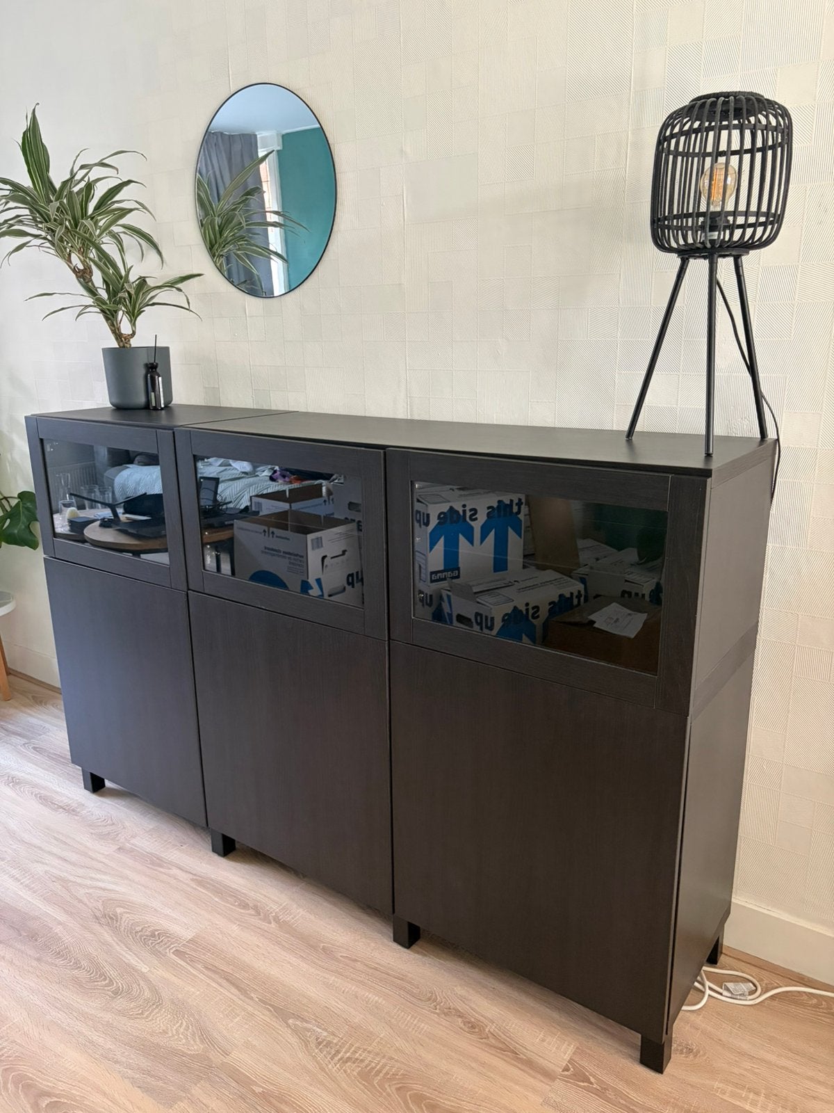 IKEA BESTÅ dressoir zwartbruin 180 cm met glazen deuren, Ophalen, Met deur(en), 150 tot 200 cm, Overige houtsoorten
