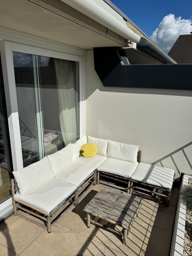 Bamboe loungeset hoekbank met witte kussens, Ophalen, Gebruikt, Loungeset, Bank