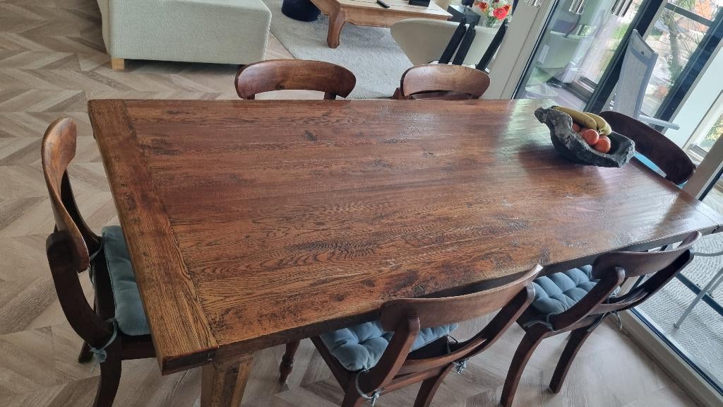Houten tafel met verlengstukken en 6 houten stoelen, Huis en Inrichting, Tafels | Eettafels, Ophalen, Gebruikt, 200 cm of meer