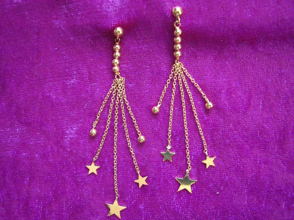 Prachtige Handgemaakte Lange 18 Kt Goud Oorstekers - Sterren, Sieraden, Tassen en Uiterlijk, Antieke sieraden, Verzenden, Goud