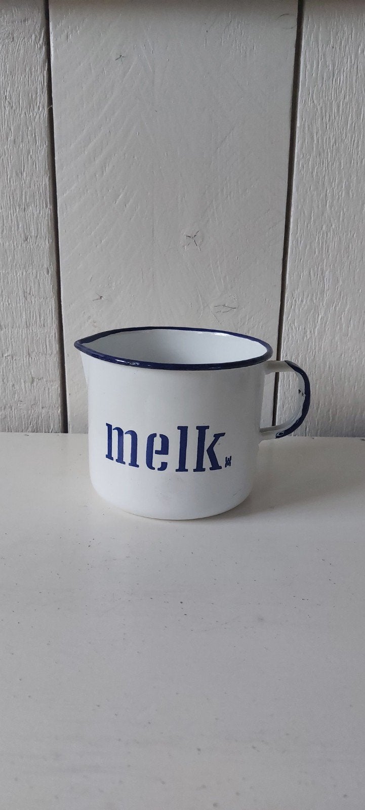 Emaille melkkan melkkannetje van emaille wit met blauw, Ophalen of Verzenden