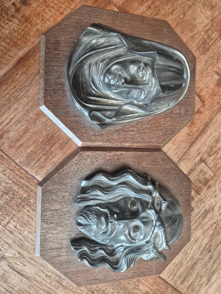 Vintage Maria en Jezus verzilverde 3D-buste plaquettes, Ophalen of Verzenden