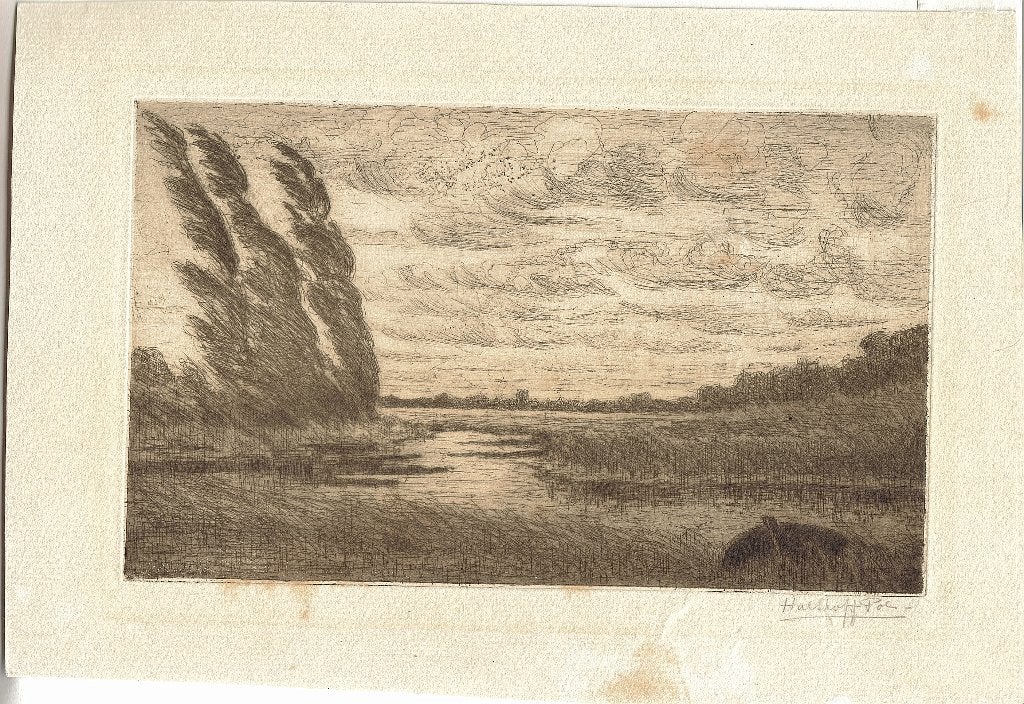 Albertus Gerardus Hulshof Pol ets "Rietlandschap" gesigneerd, Ophalen, Ets, Landschap, Origineel