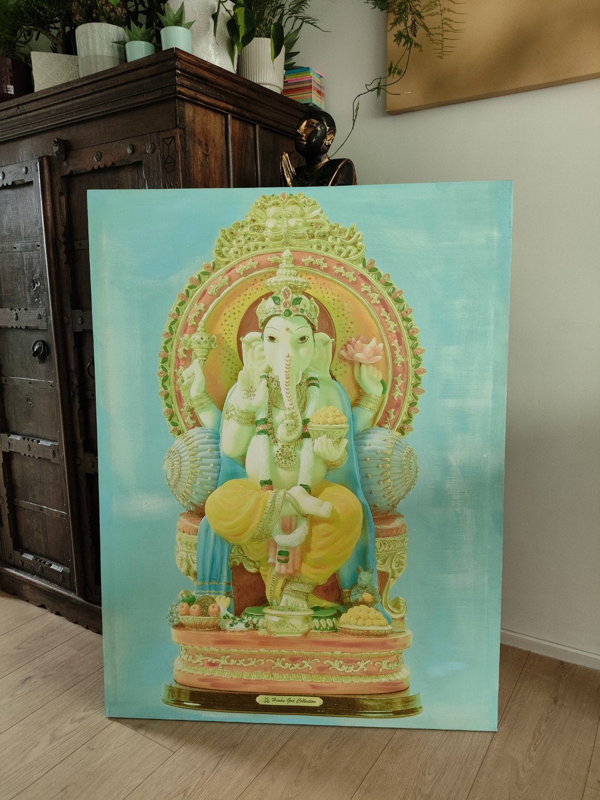Groot Ganesha God Canvas Schilderij - Zie foto's Yoga, Ophalen of Verzenden, Gebruikt, 75 tot 100 cm, Overige typen