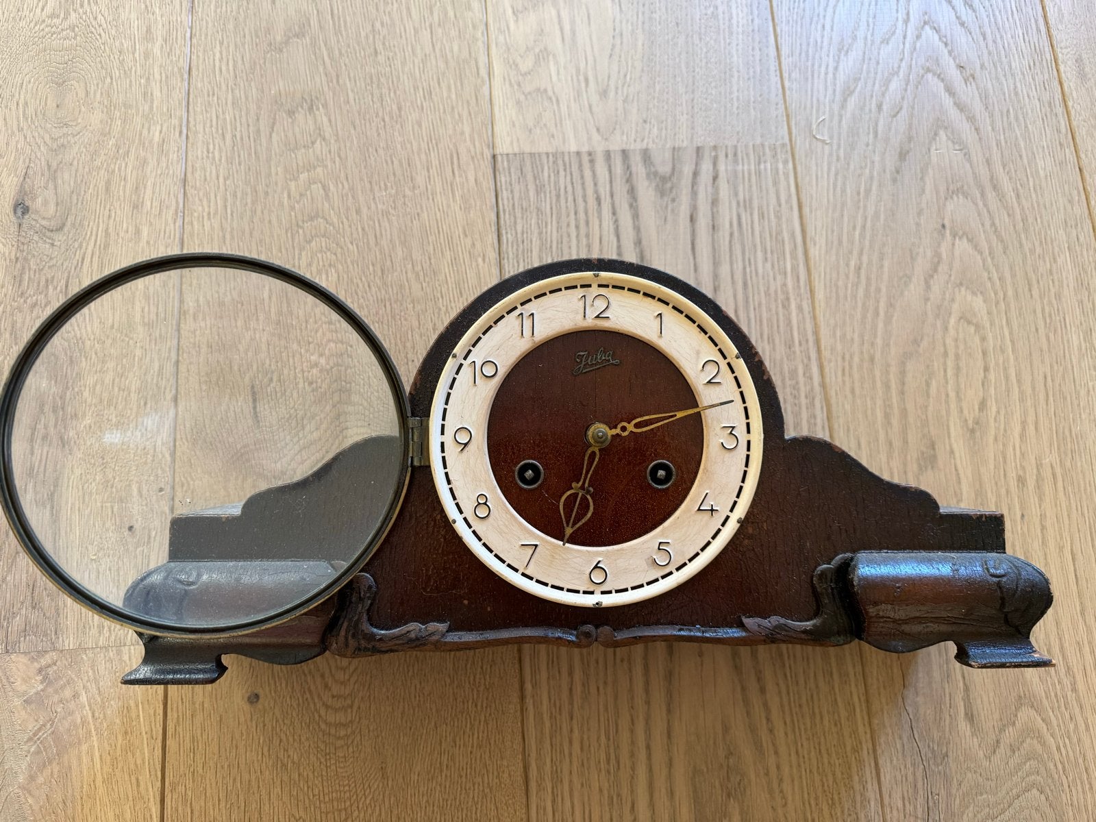Antieke Juba schoorsteenklok - Vintage houten tafelklok, Ophalen of Verzenden