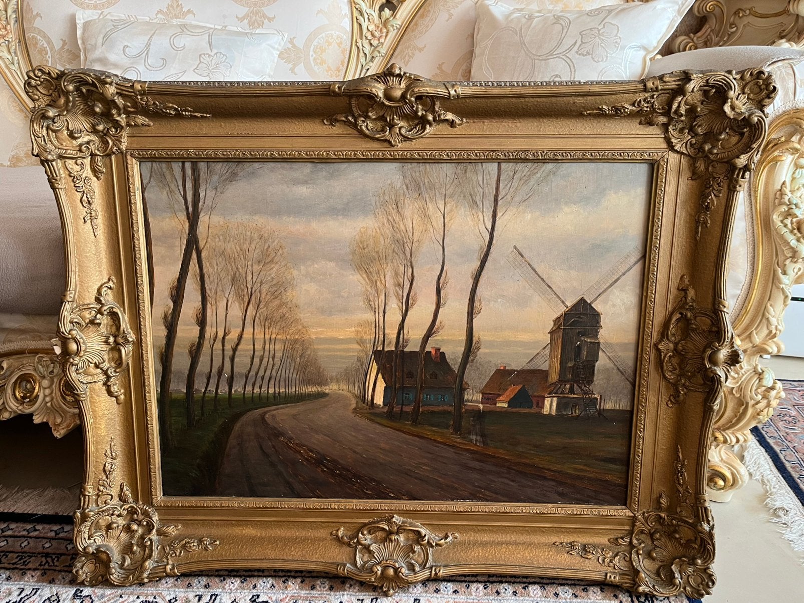 Antiek groot olieverf landschap met mol en boerderij, Ophalen