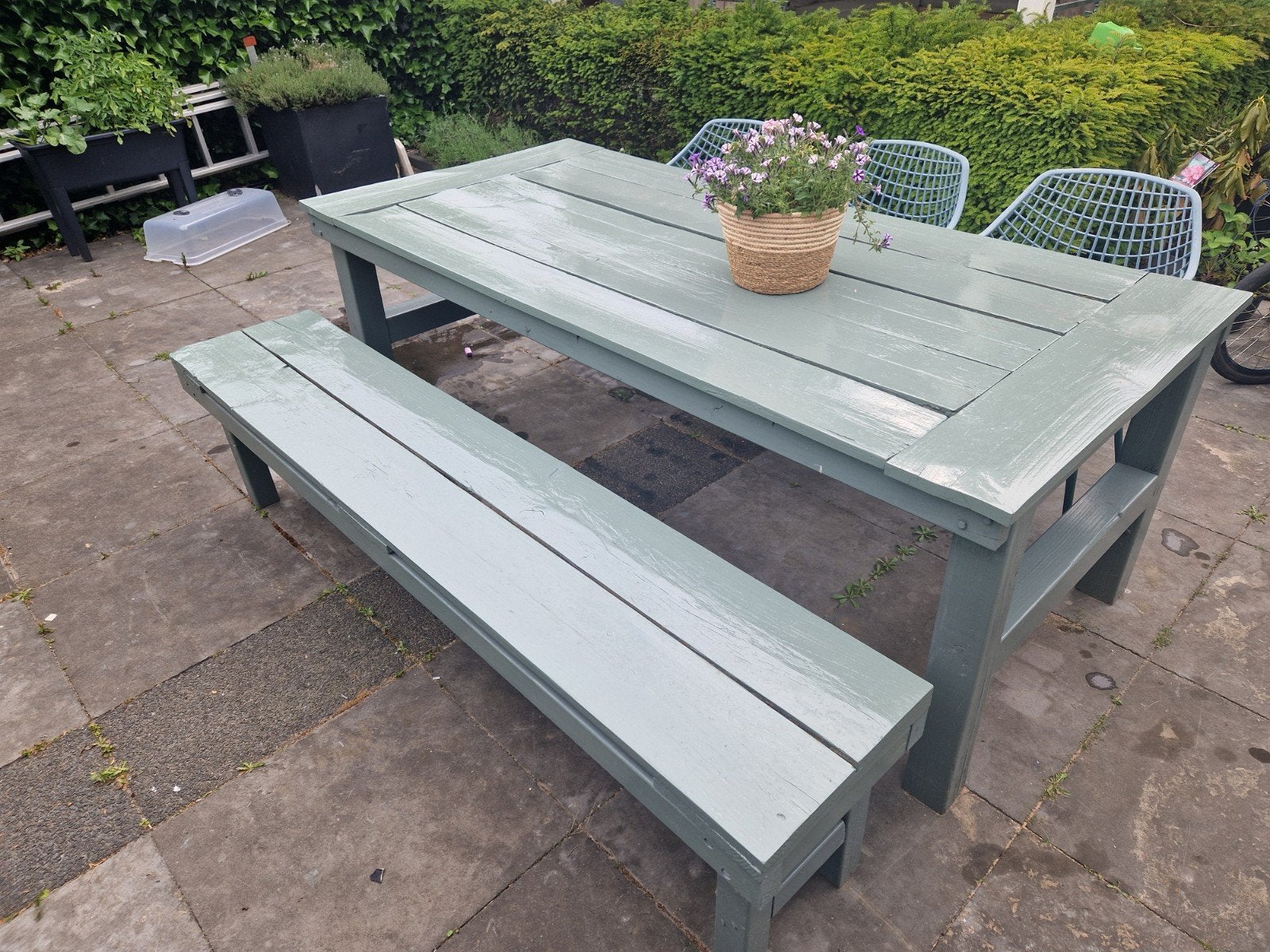 Tuintafel + bank, Tuin en Terras, Picknicktafels, Ophalen, Gebruikt, Rechthoekig, Hout
