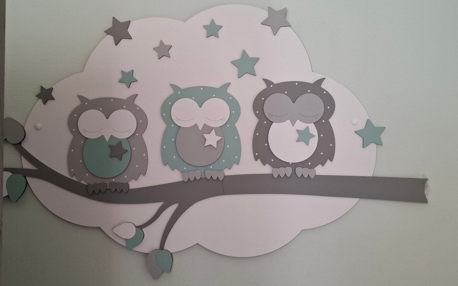 Houten uilen wanddecoratie voor babykamer 100x60cm, Ophalen, Zo goed als nieuw, Wanddecoratie