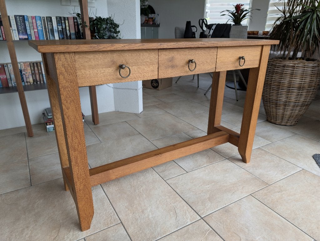 Massief eiken sidetable / wandtafel met drie lades, Ophalen, Gebruikt, 100 tot 150 cm, Klassiek