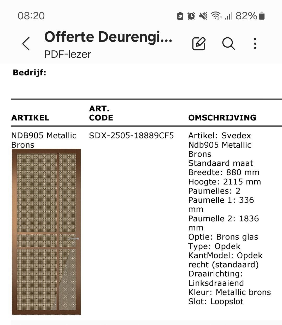 Svedex NDB905 Metallic Brons Binnendeur met Glas, Ophalen, Gebruikt, 80 tot 100 cm, 215 cm of meer