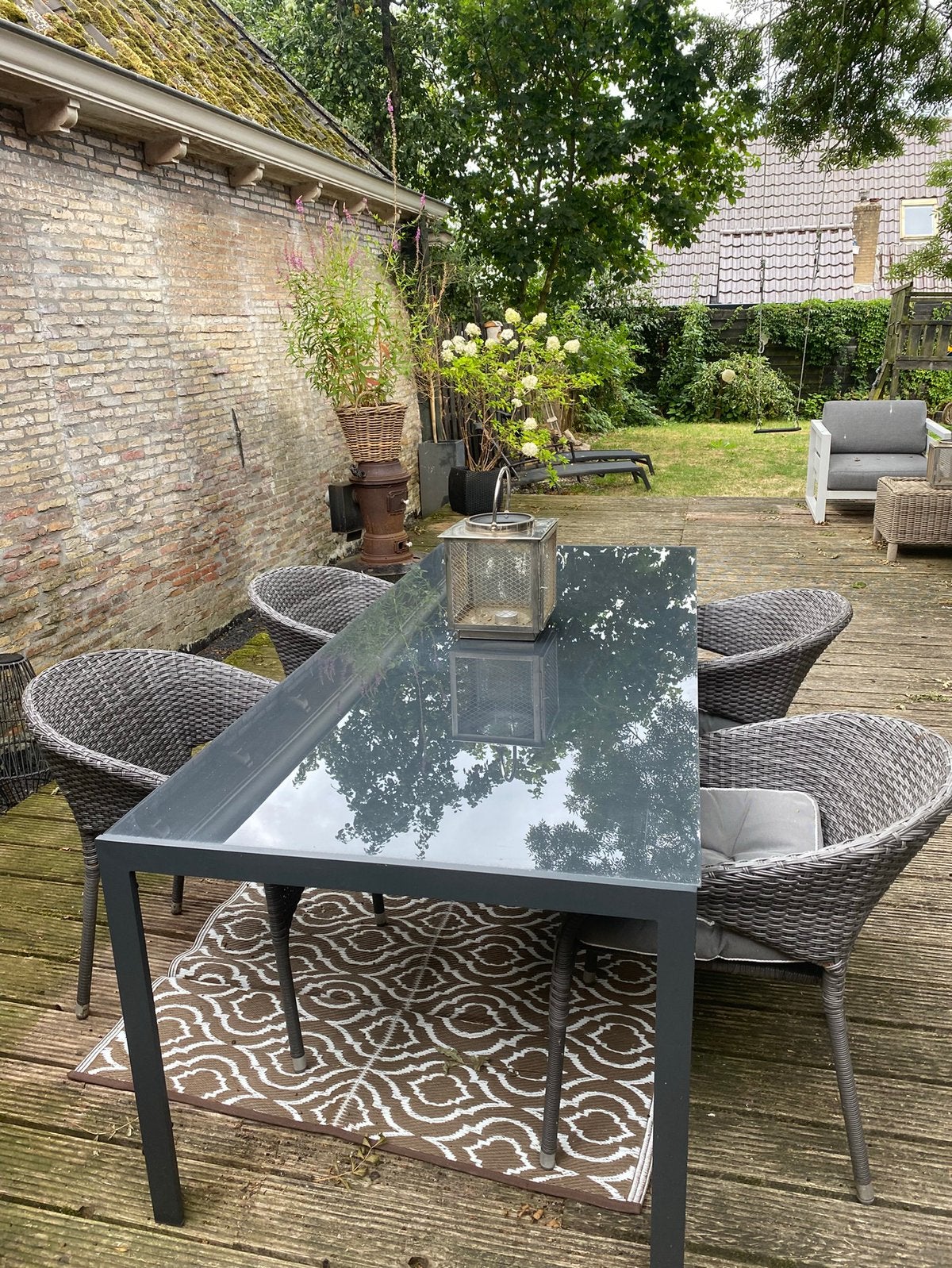 4 grijze wicker tuinstoelen Jutlandia, Tuin en Terras, Tuinstoelen, Ophalen, Gebruikt, Wicker, Stapelbaar