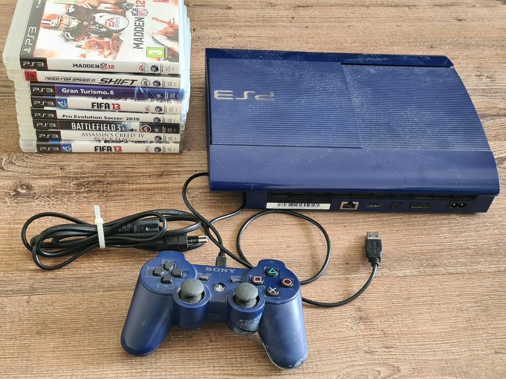PS3 Super Slim Blauw/Blue 500GB, Spelcomputers en Games, Ophalen of Verzenden, Zo goed als nieuw, Zonder controller, 500 GB