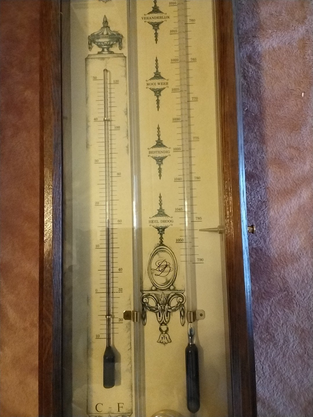 Antieke Barometer met Thermometer - 106x25 cm, Ophalen of Verzenden, Gebruikt, Barometer
