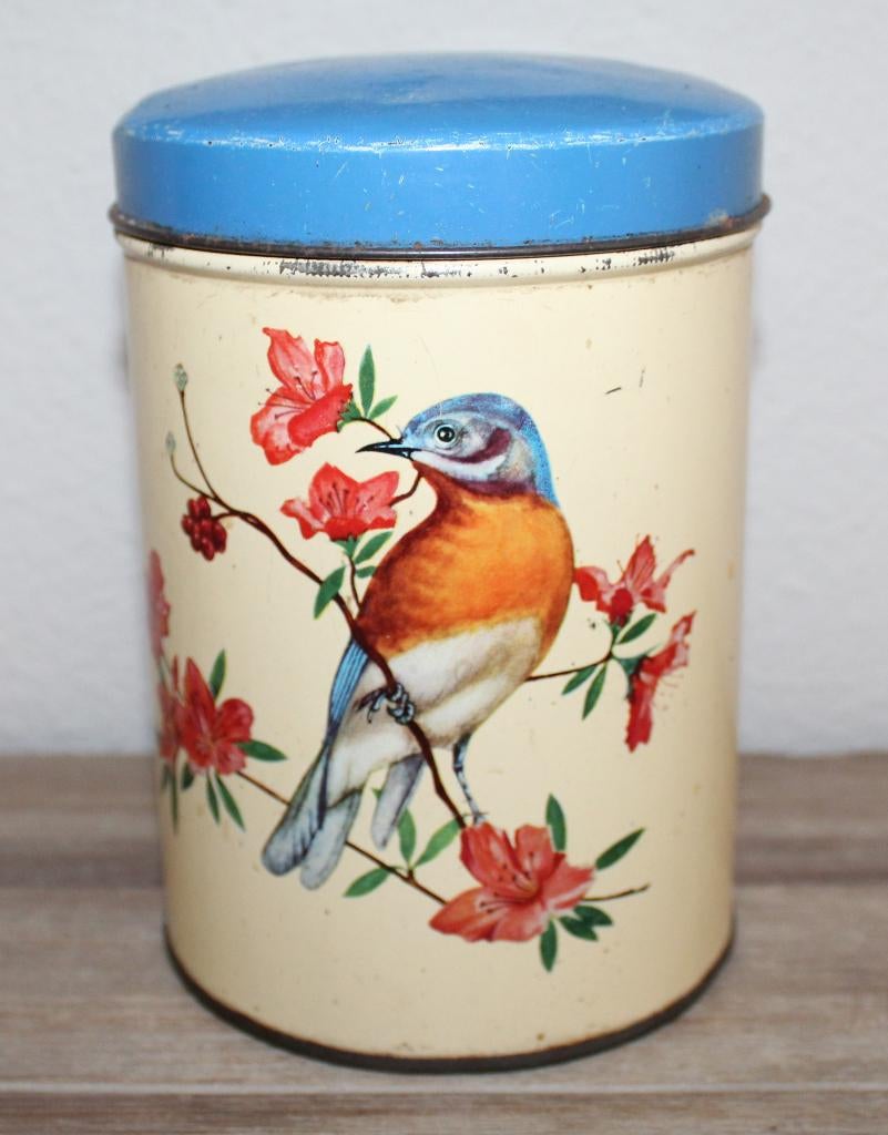 Oud voorraadblik met vogelafbeelding, Ophalen of Verzenden, Gebruikt, Overige, Overige merken
