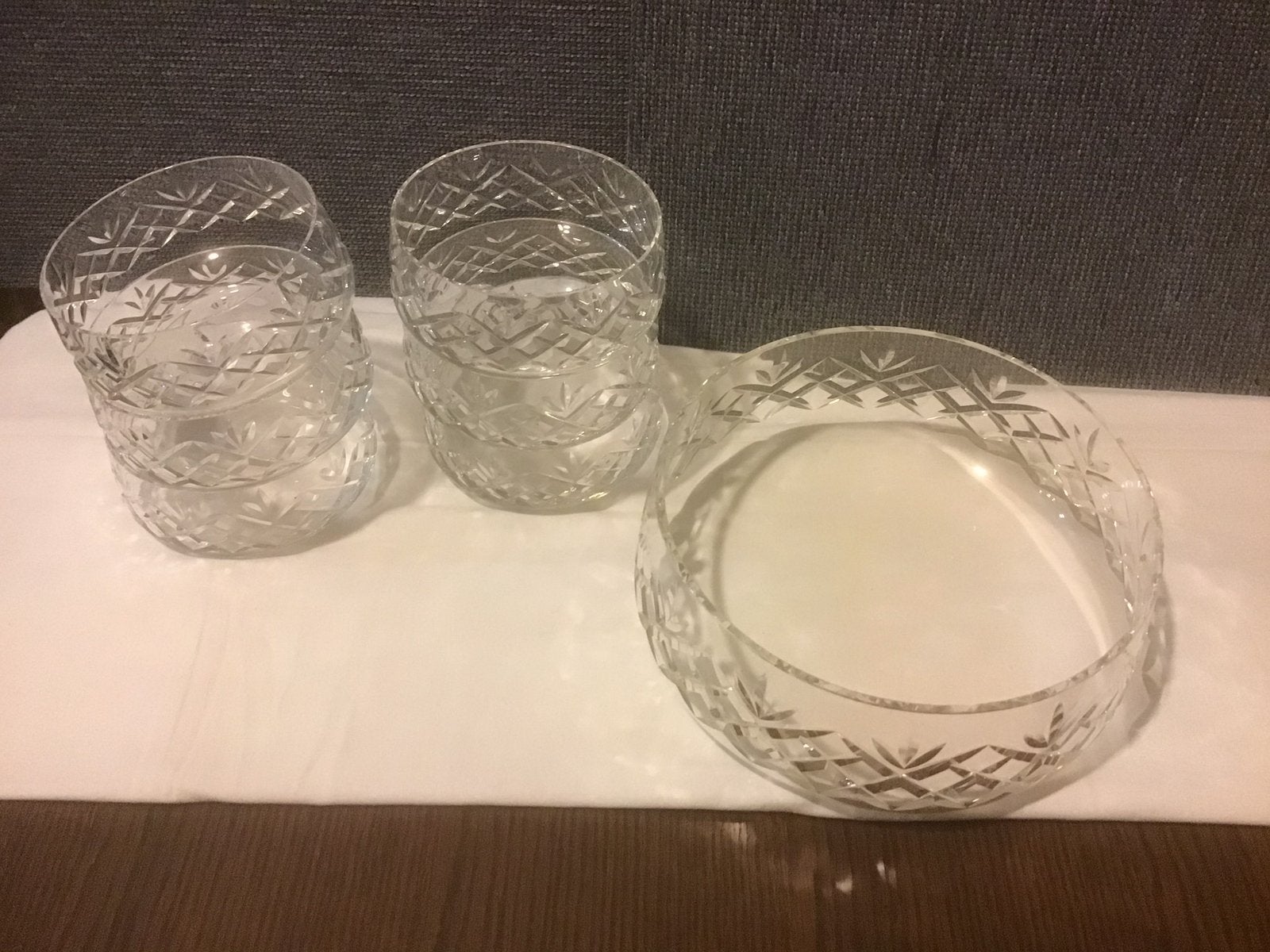Antiek glazen schaal + 6 bijbehorende schaaltjes, Ophalen of Verzenden