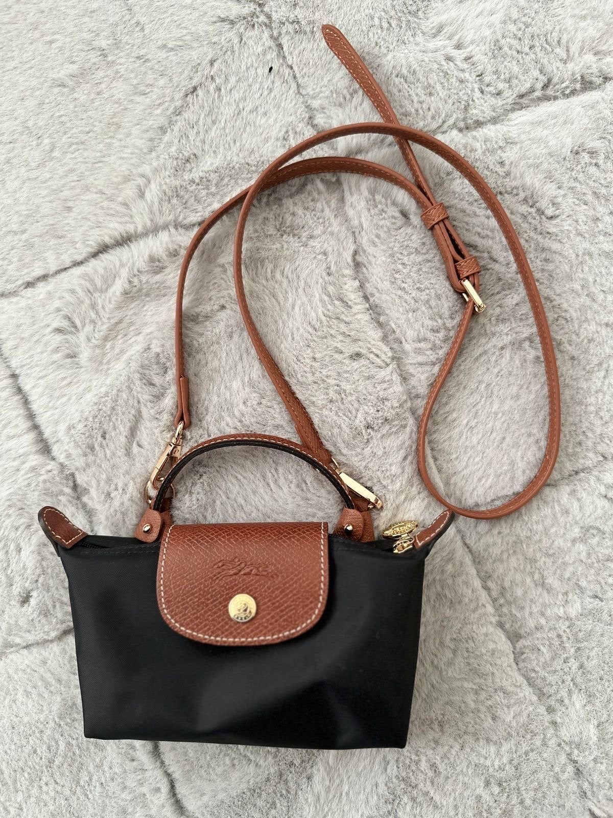 Longchamp Le Pliage schoudertasje zwart/bruin, Ophalen of Verzenden, Zo goed als nieuw, Zwart, Schoudertasje