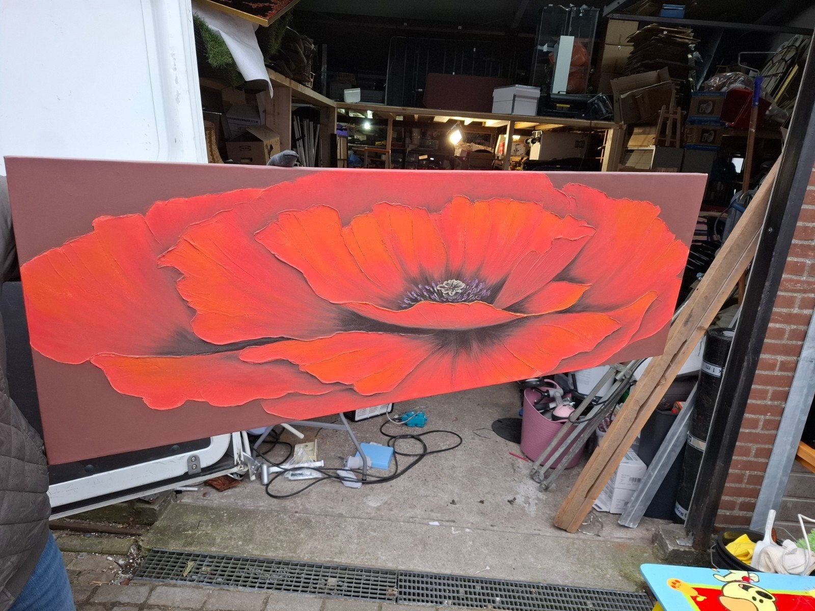 Groot schilderij met rode klaproos - Angie Thomas, Ophalen, Op houten frame, Olieverf, Bloemen