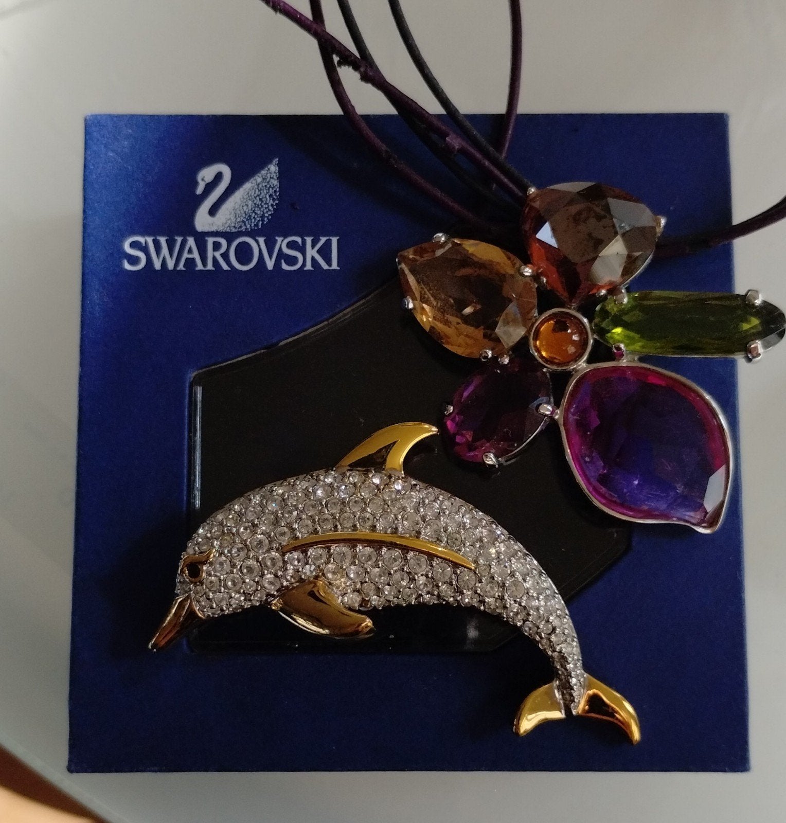 vintage Swarovski ketting en dolfijn broche, Sieraden, Tassen en Uiterlijk, Ophalen of Verzenden, Zo goed als nieuw, Zilver, Overige materialen