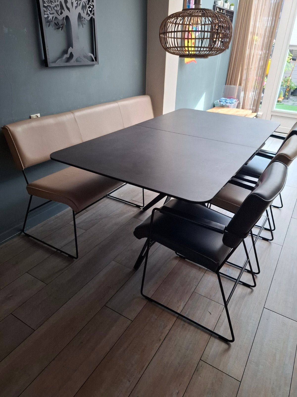 uitschuifbare eettafel met eetbank en stoelen, Huis en Inrichting, Ophalen, 200 cm of meer, 50 tot 100 cm, Vijf personen of meer