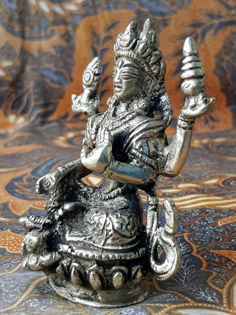 Mooi zwaar oud Oosters tempelbeeldje van brons 9,7 cm., Zilver, Handgemaakt, India, Ophalen of Verzenden
