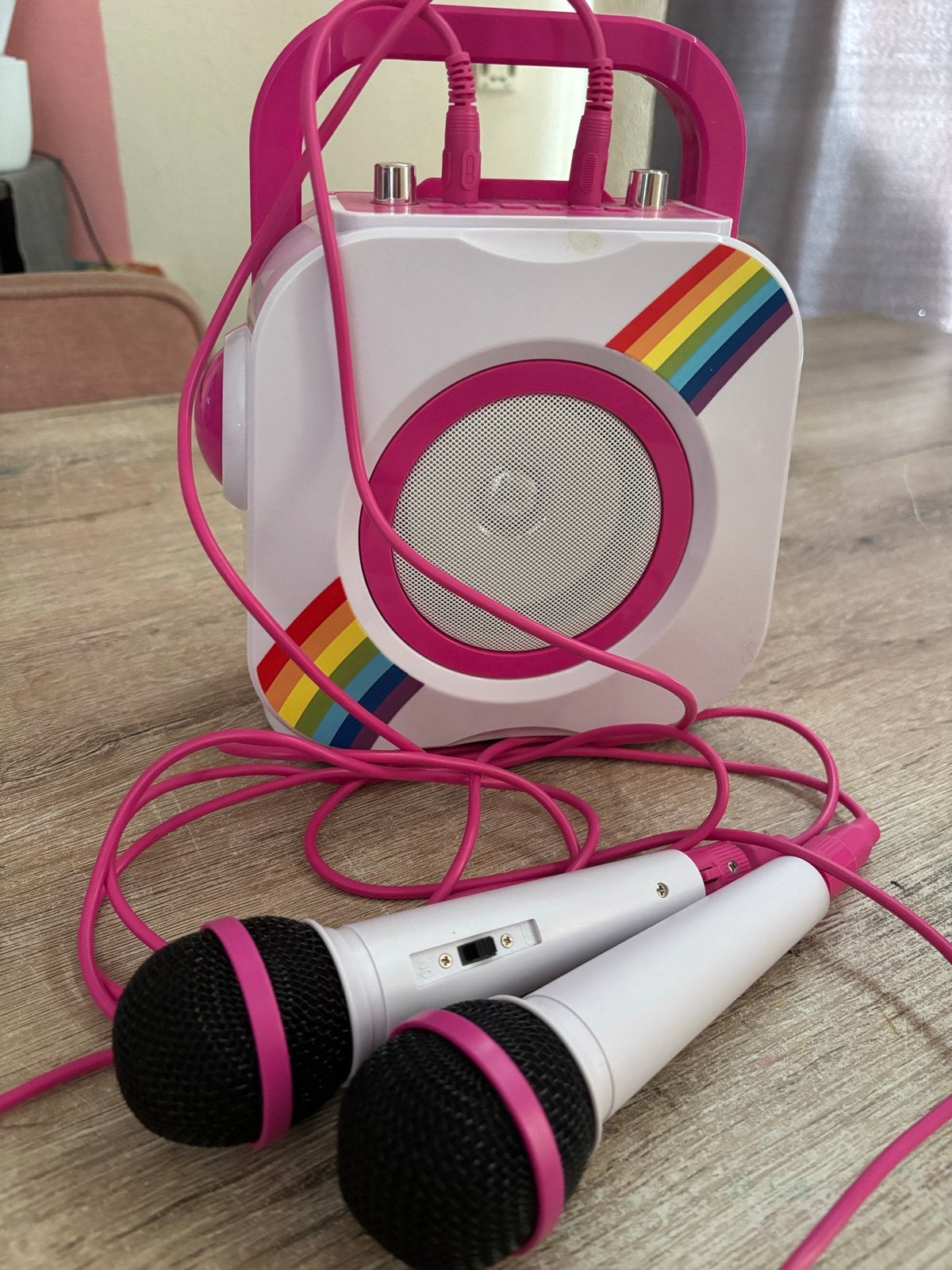 Leuke Karaoke Set met Microfoons - Roze Regenboog Design, Ophalen, Gebruikt, Complete set