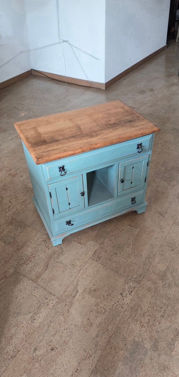 Uniek turquoise kastje met houten blad en lades, Ophalen, Gebruikt, Met lade(s), Landelijke, Brocante
