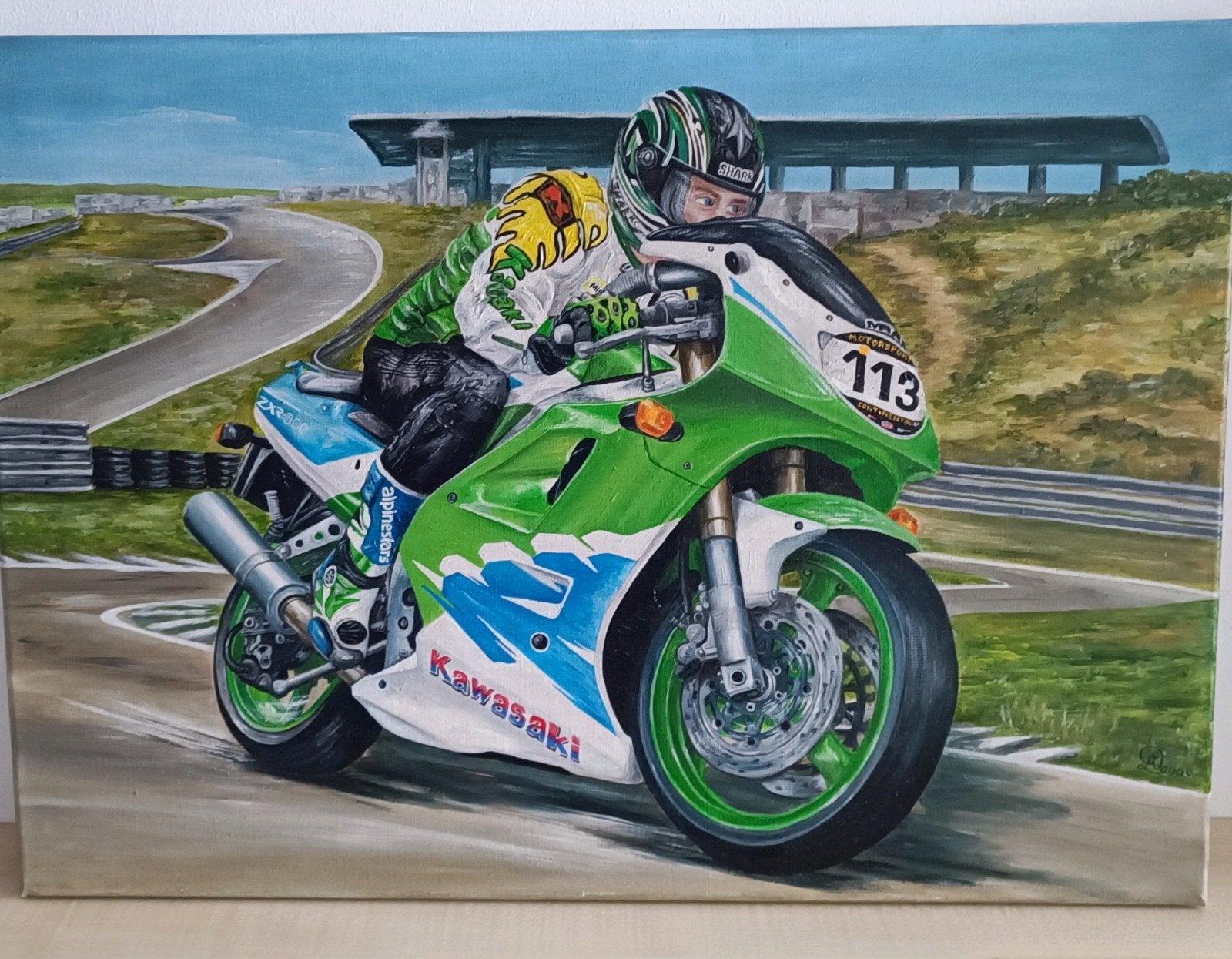 Uniek Schilderij Circuit Zandvoort - Motorrace 70x50 cm, Antiek en Kunst, Kunst | Schilderijen | Klassiek, Doek, Realistisch, Ophalen of Verzenden