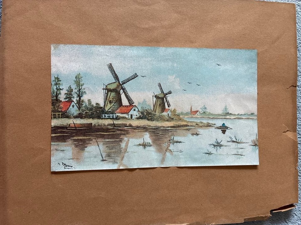 Vintage Hollandse Molens Aquarel - Gesigneerd n. Maris, Ophalen of Verzenden, Tekening, Aquarel, Gesigneerd