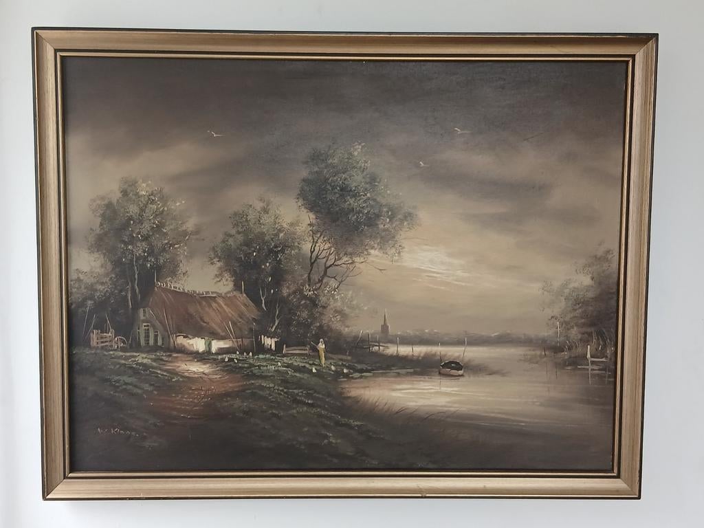 Schilderij W. Kloos - Hollands Landschap met Boerderij, Antiek en Kunst, Ophalen of Verzenden