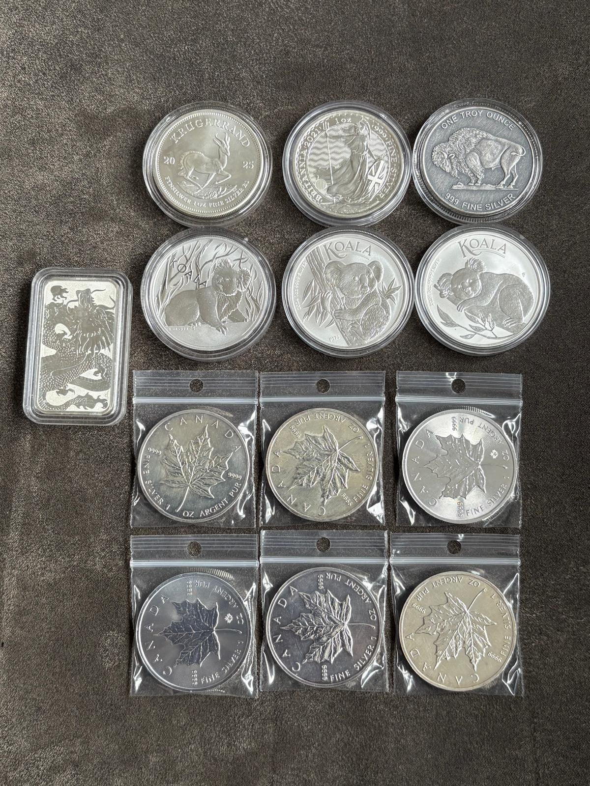 12 zilveren 1 oz munten en 1 zilveren baar., Postzegels en Munten, Ophalen of Verzenden, Zilver